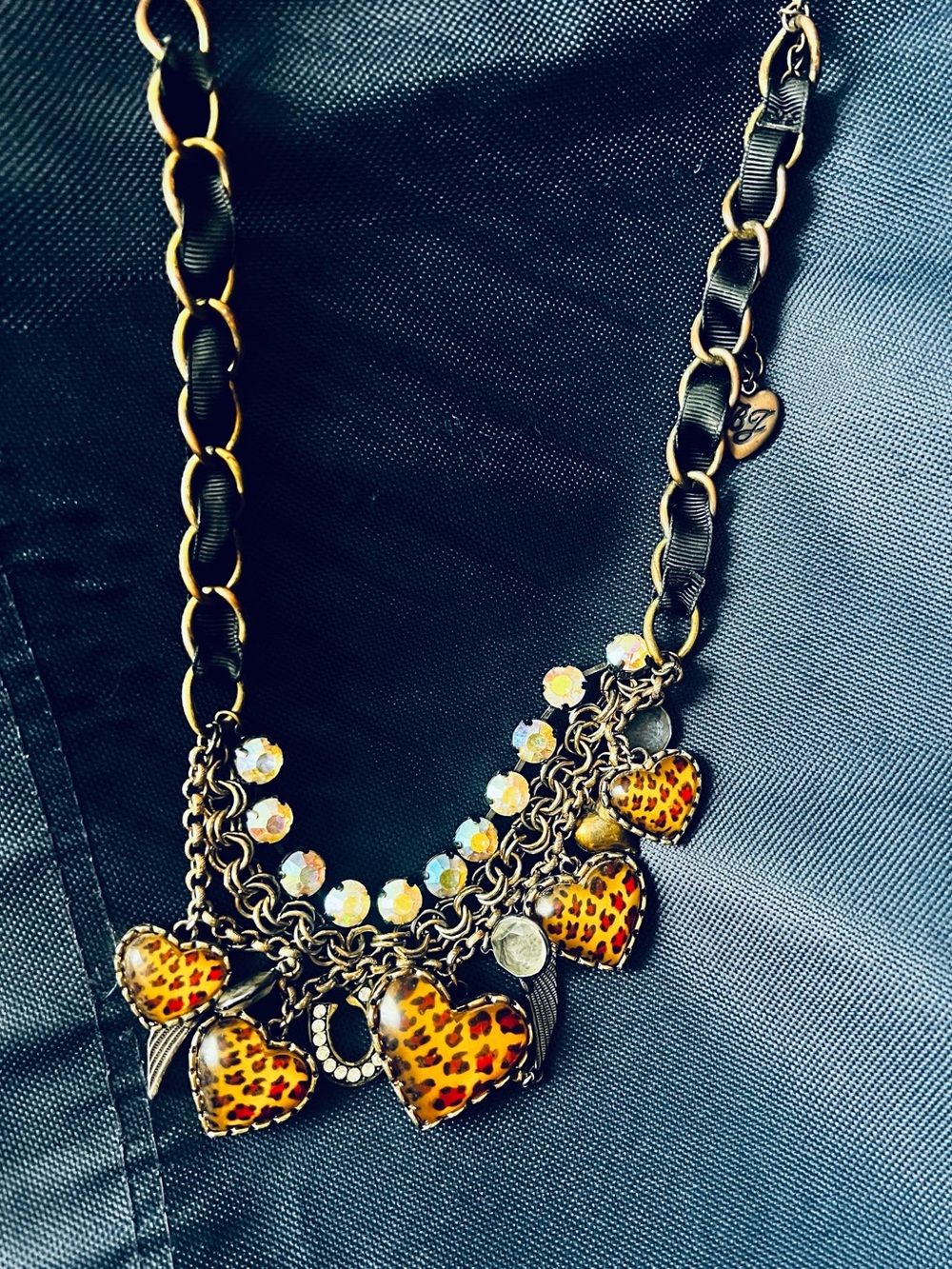 Betsey Johnson Leopard Heart Charm Necklace - Black and Gold